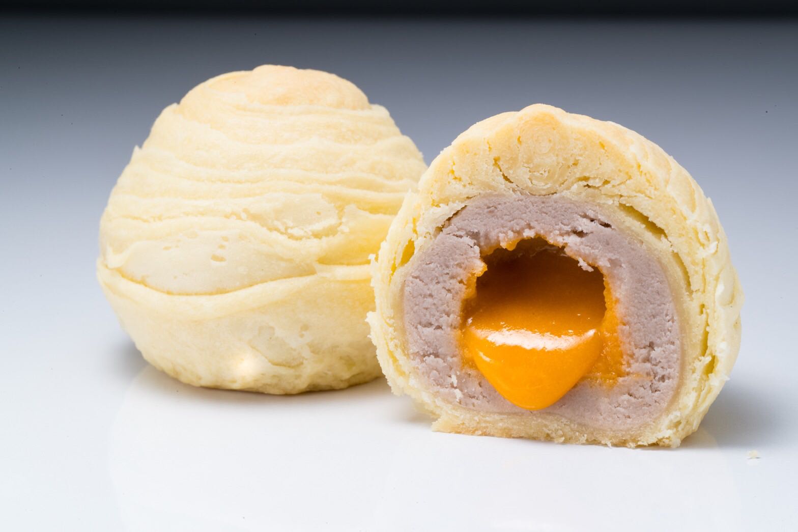 Close up Lava Custard Taro Pastry cut to see cross-section