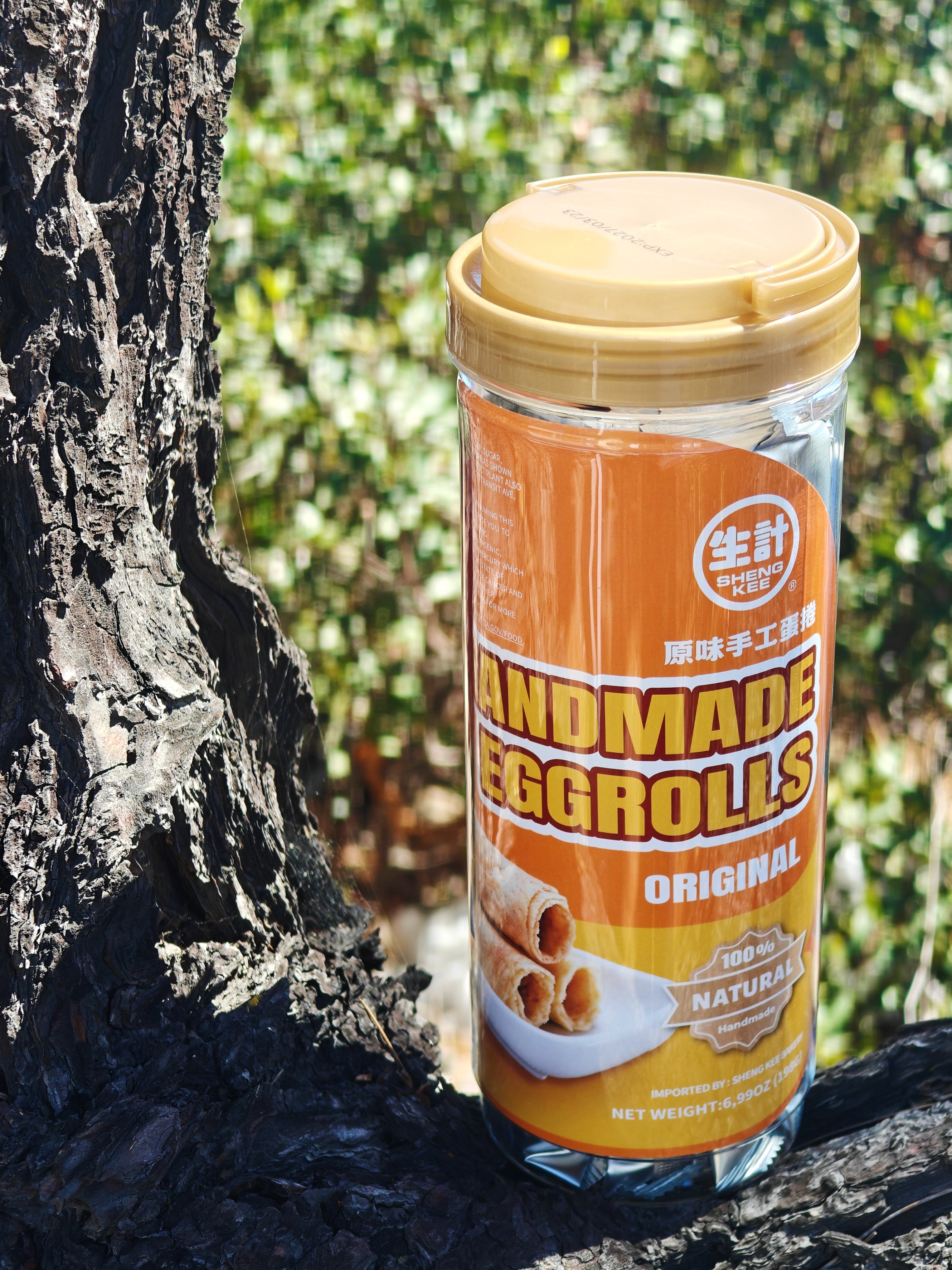 A jar of Handmade Eggrolls placed on a tree trunk outdoors with a blurred green forest background. The jar has a yellow lid and an orange label with white and yellow text.