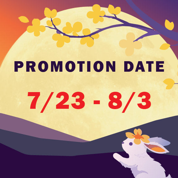 Promotional graphic with the text 'PROMOTION DATE 7/23 - 8/3' over a stylized sunset scene with a large pale yellow moon, orange sky, dark purple hills, yellow blossoms, and a white rabbit with an orange flower in its ears.